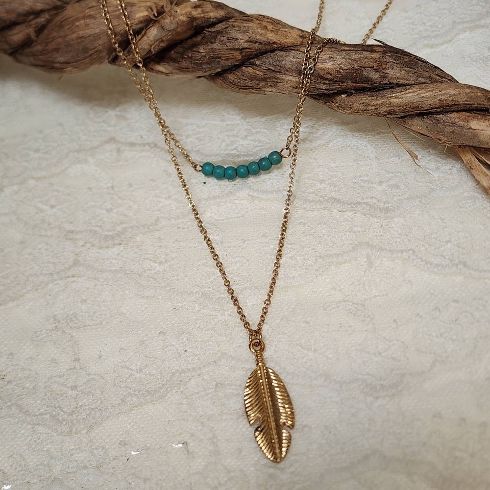 Gold Toned Feather and Turquoise Beads Layered 2 Tiered Necklace